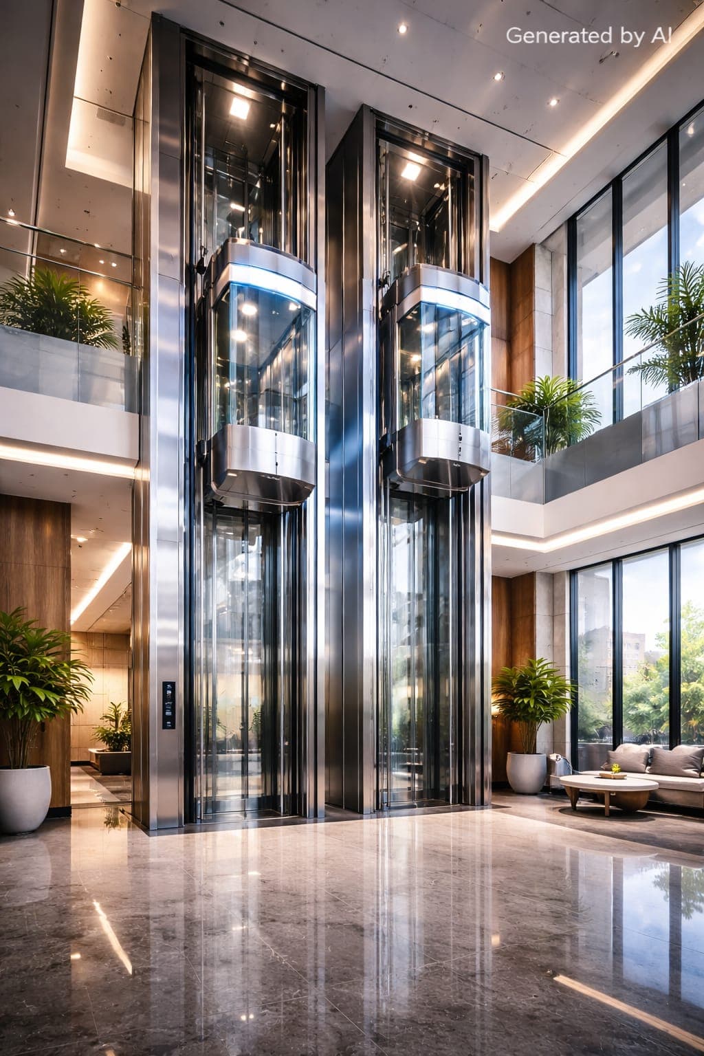 Contemporary business center with elevator moving upwards