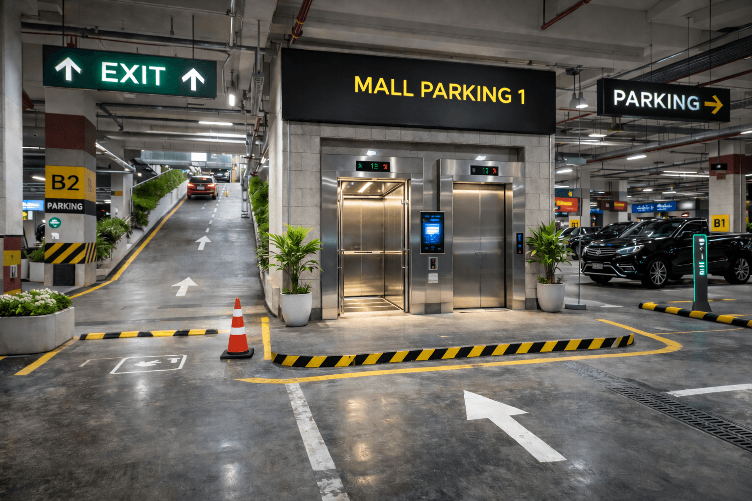 Underground parking garage with elevators